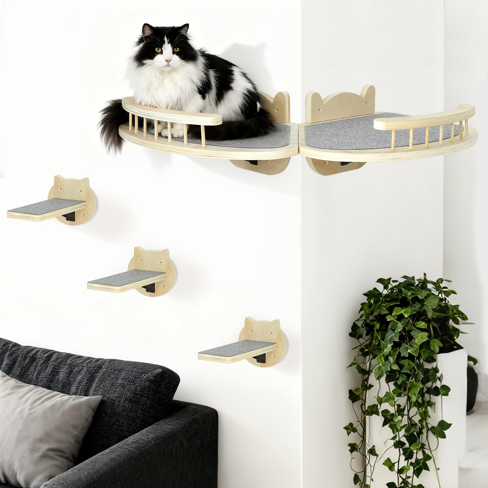 Cat Wall Shelves Furniture Set with Scratching Pad?Wooden Cat Climbing Wall Systems with 2 Perches and 3 Steps, Floating Shelves Bed Wall Mounted for Indoor Fit Up to 15Lbs (Burlywood)