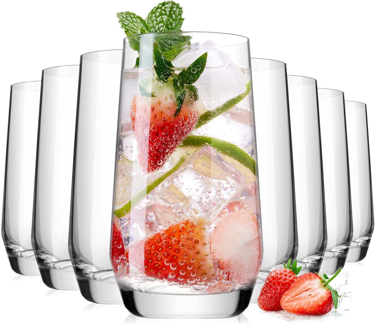 LUNA & MANTHA Drinking Water Glasses Set, Lead-Free Crystal Highball Glass, Tall Glass Cups for Cocktail Parties,Clear set of 8,16.2oz