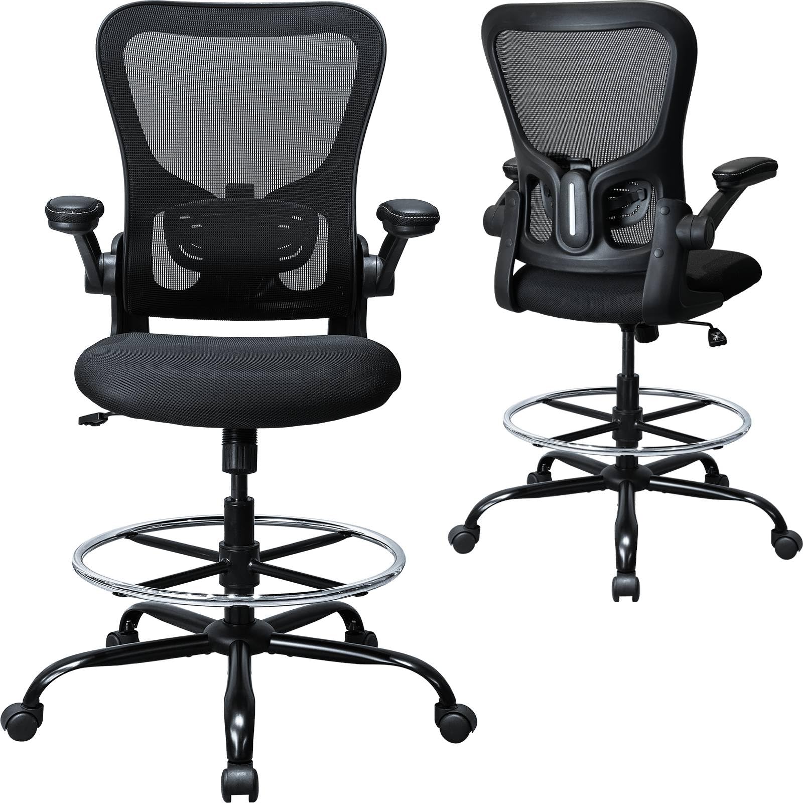 Drafting Chair, Ergonomic Tall Office Chair for Standing Desk, Counter Height Desk Chair with Adjustable Padded Armrests and Footrest Ring