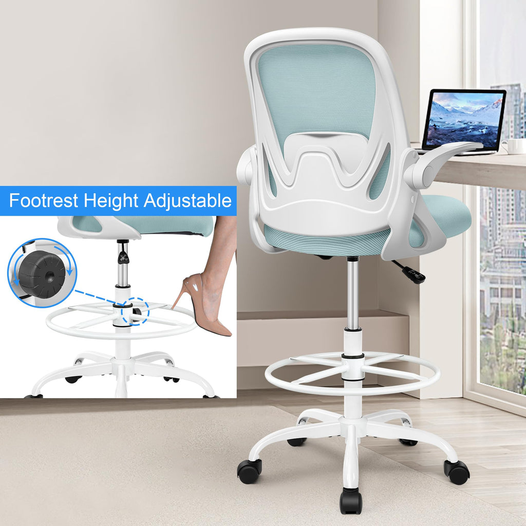 Drafting Chair Tall Office Chair with Flip-up Armrests, Adjustable Height, and Enhanced Lumbar Support - Ergonomic Rolling Stool, Back Support,