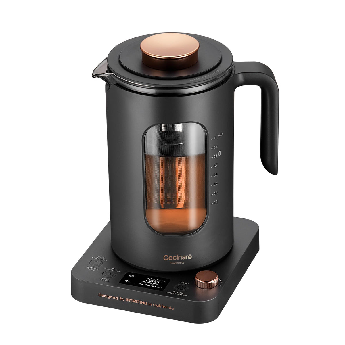 INTASTING Electric Tea Kettle, Electric Kettle with Tea Infuser, ±1? Knob Temperature Control, BPA-Free Glass, 1200W Fast Heating, Easy to Clean, 1 Liter (Dark Gray)