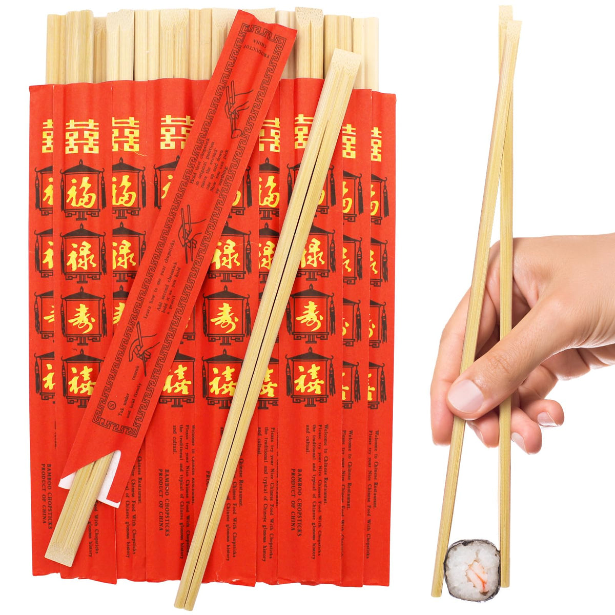 9 inch 50 pcs Red Paper Wrapped with FU-LU-SHOU-XI Disposable Bamboo Chopsticks Perfect for Wedding, Private & Public Dining and Etc (50)
