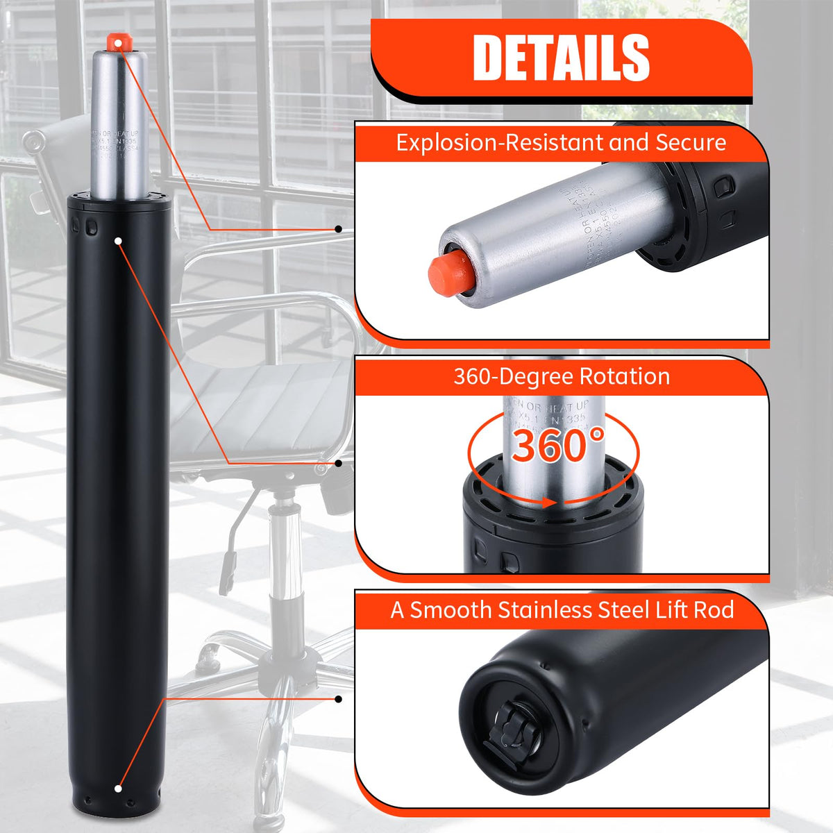 Flkqc Universal Office Chair Gas Lift Cylinder Replacement, 6.3" Long Stroke Gas Lift, Heavy Duty Gas Lift Hydraulic/pneumatic Piston for