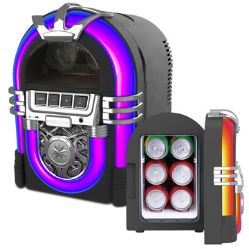 PROSCAN 6-Can Mini Personal Fridge Cooler, Built In Portable Speaker Jukebox Design – Home, Office or Dorm, Bluetooth Beverage Cooler with Removable Shelf – AC and Car Dual Power Cords