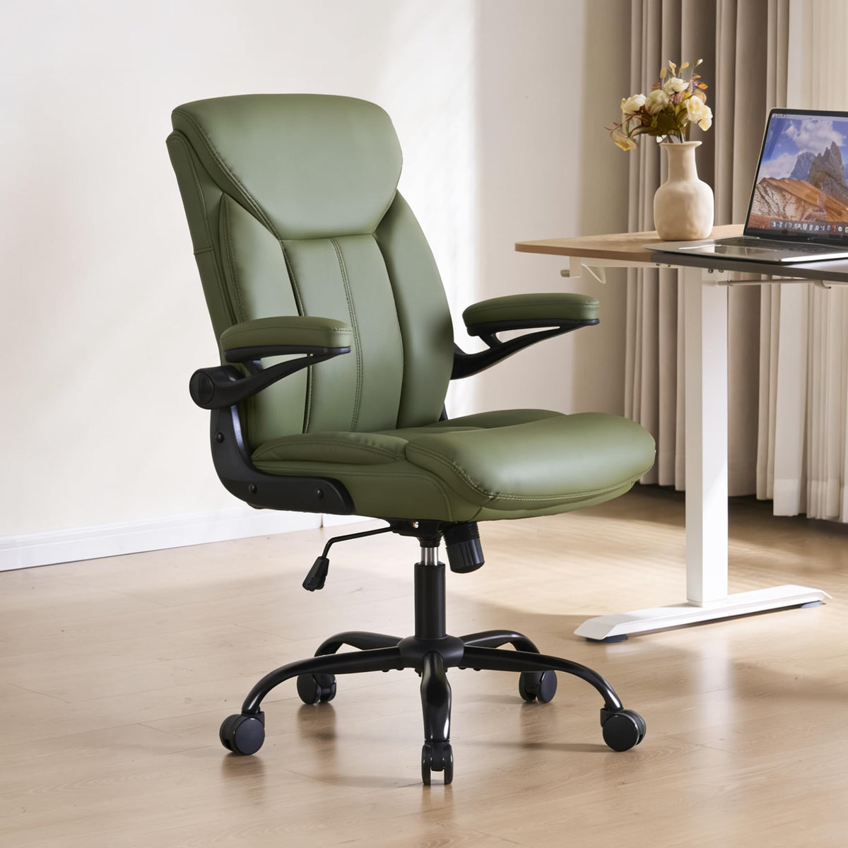 Fmolat Ergonomic Home Office Chair Pu Leather Comfy Computer Chair, Green, 19.7"W x 19.5"D x 39"-42"H