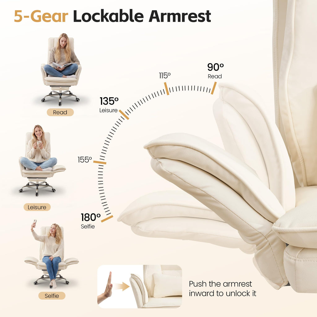 Big and Tall Office Chair, Footrest & Flip Armrest for Pets, Pu Beige, PU Leather