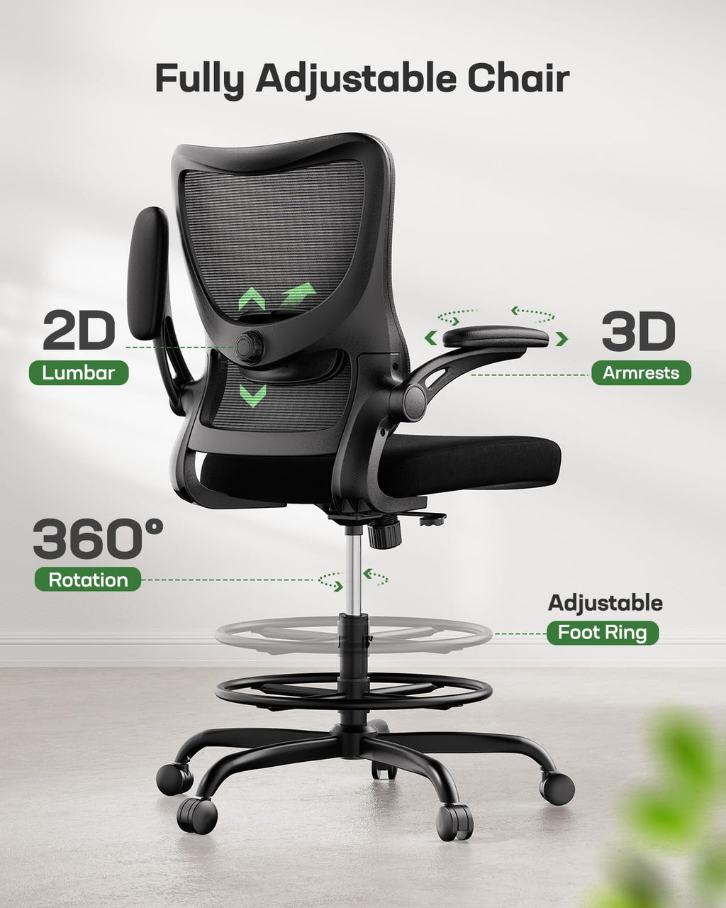 Marsail Drafting Chair, Tall Office Chair with 2d Lumbar Support, Standing Desk Chair,high Office Chair with Padded Flip-up Armrests &