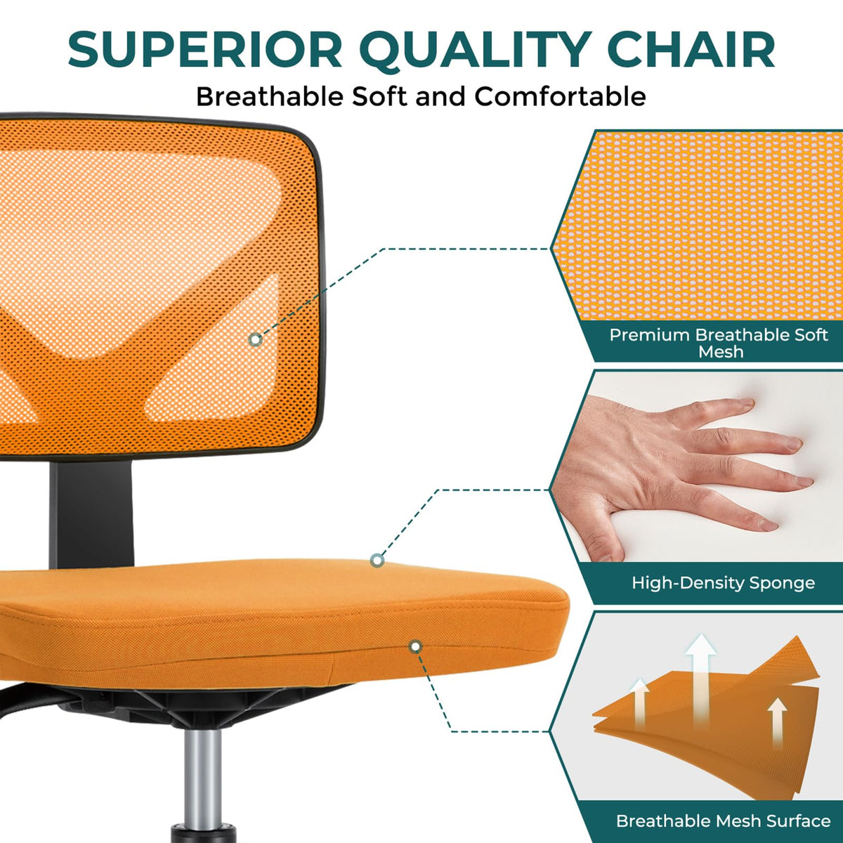 Dumos Armless Desk Chairs, Small Home Office Mesh Chairs, 1pc, Orange