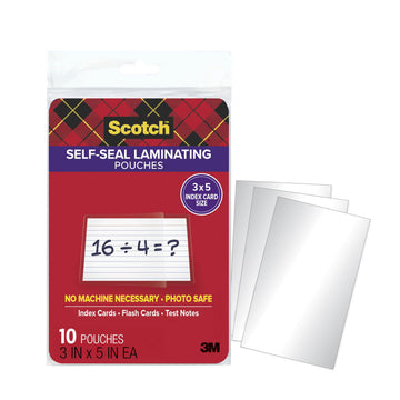 Scotch Self Seal Laminating Pouches 3 x 5 Index Card Size, No Laminator Machine Needed, Great for Index Cards, Flash Cards & Test Notes, 10 Self Laminating Pouches