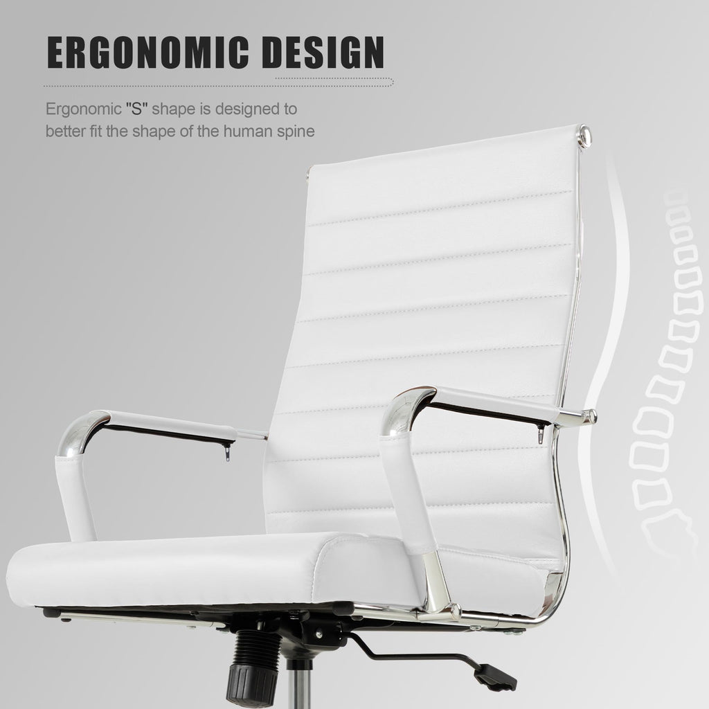 Okeysen White Office Desk Chair, Ergonomic Leather Modern Conference Room Chairs, Executive Ribbed Height Adjustable Swivel Rolling Chair for