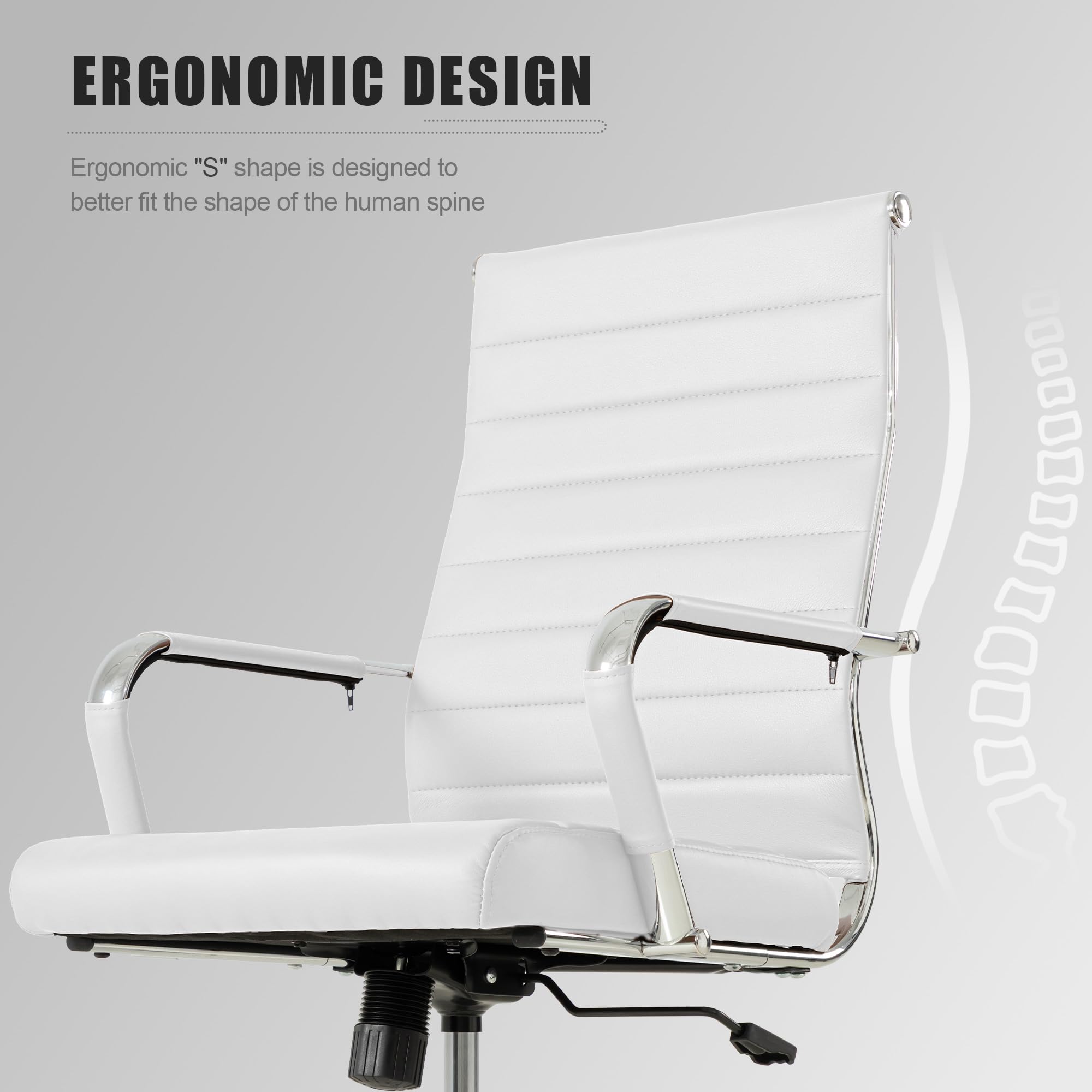 Okeysen White Office Desk Chair, Ergonomic Leather Modern Conference Room Chairs, Executive Ribbed Height Adjustable Swivel Rolling Chair for