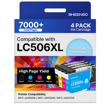 LC506 LC506XL Ink Cartridges High Yield LC 506 XL Compatible with Brother LC506XL Ink Cartridges for Brother Printer MFC-J4355DW MFC-J4555DW MFC-J4557DW Printer (4 Pack, Black, Cyan, Magenta, Yellow)