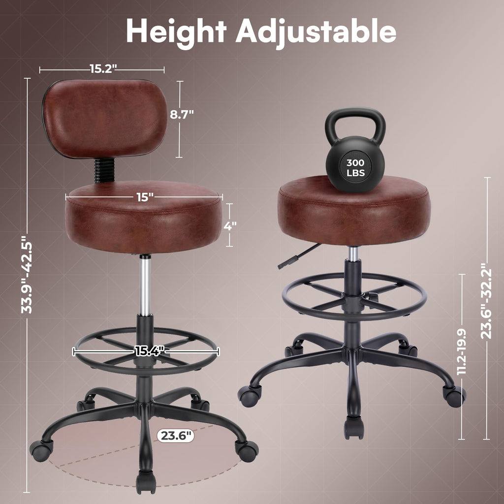 Superjare Drafting Chair with Backrest, Adjustable Foot Rest Rolling Stool, Brown
