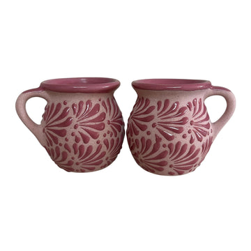 Set of 2 Mexican Pottery Mugs – Pink Terracotta Talavera Style Design, 12 oz Clay Tazas, Handmade Large Coffee Cups
