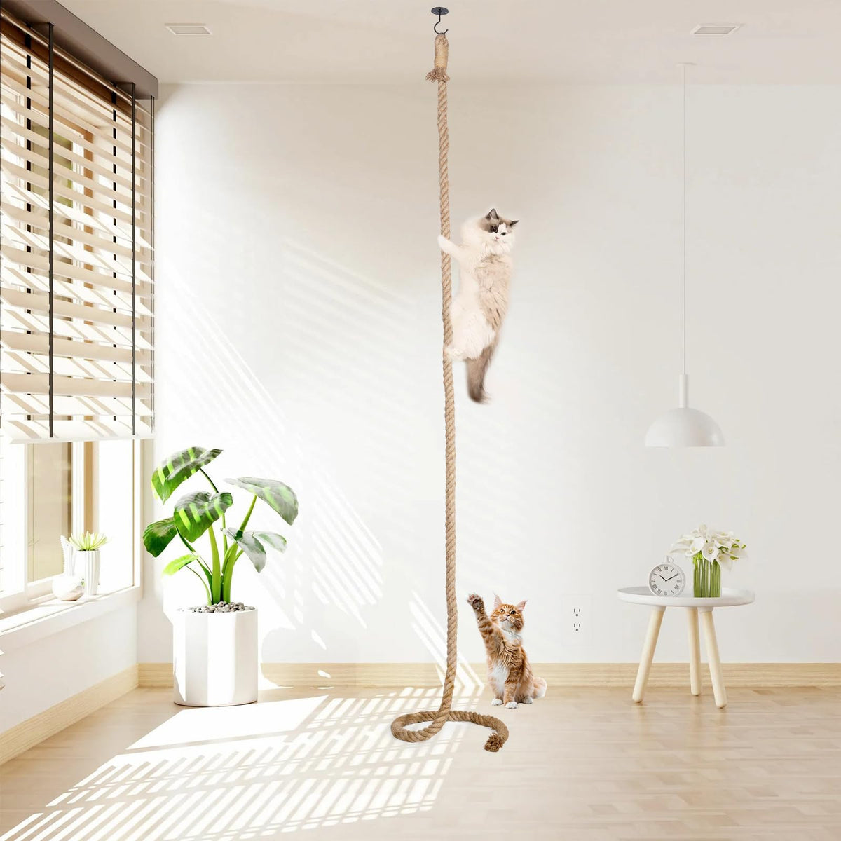 Cat Climbing Rope with Hook,Natural Jute Ropes for Ceiling and Wall Mounted,Cat Climbing Sisal Rope Cats Scratch Rope Suitable for Indoor Cats (1.20" x 9.84Ft)