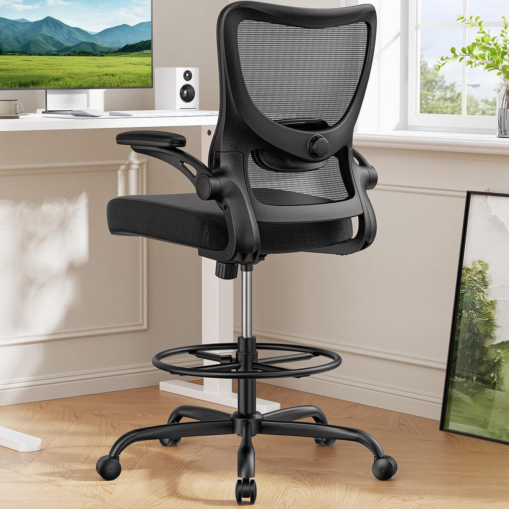 Marsail Drafting Chair, Tall Office Chair with 2d Lumbar Support, Standing Desk Chair with Padded Flip-up Armrests & Adjustable Footrest Ring,