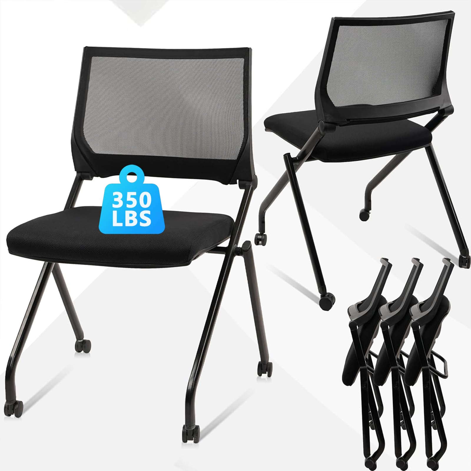 Clatina Stackable & Foldable Conference Room Chairs, Waiting Room Chairs with Wheels & Lumbar Support, Ergonomic Mesh Bouncing Back Folding