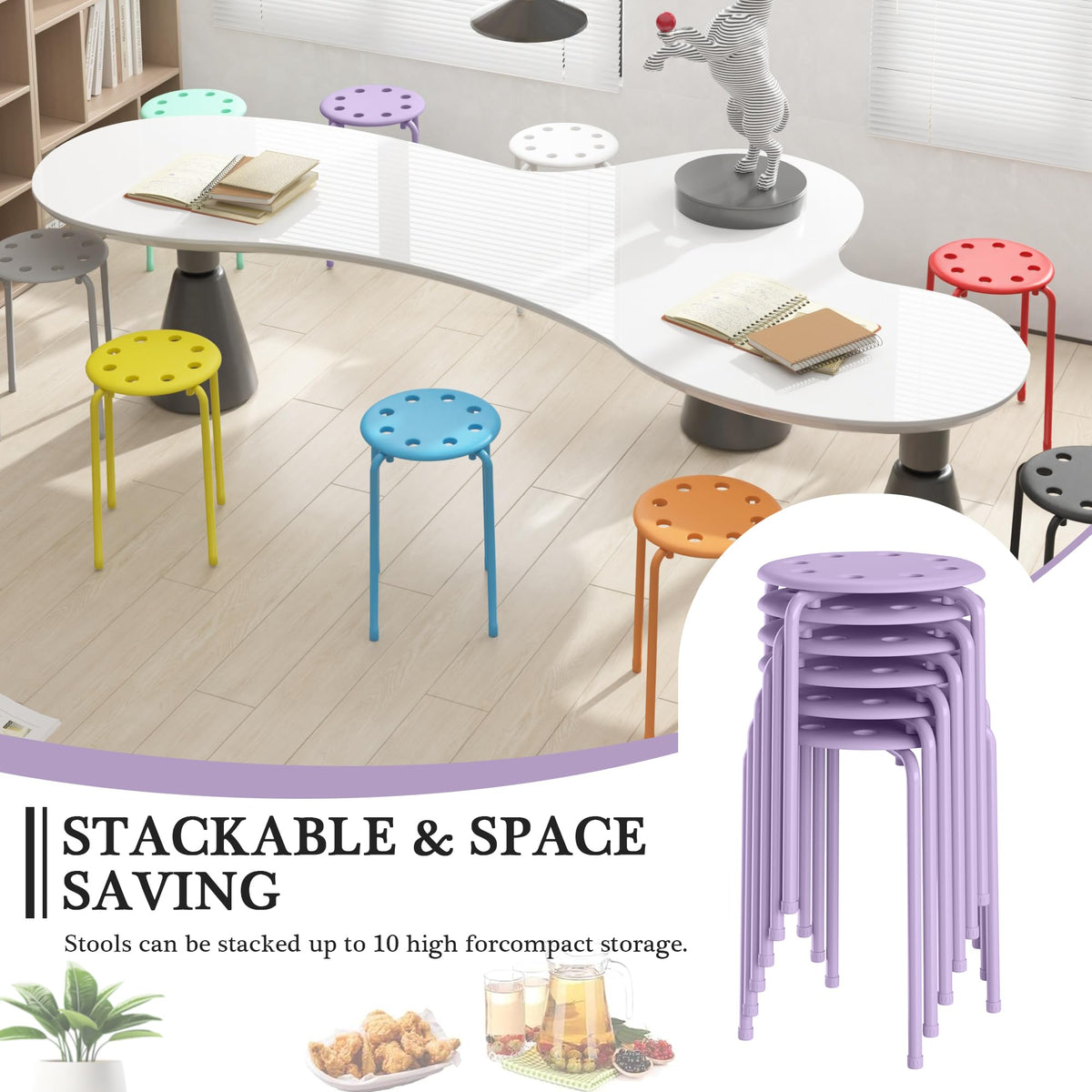 Vecelo 6-piece Stacking Stools, 17.7 Inch Standard Height, Portable Stackable Colorful Decoration Stools for School Classroom and Office Use,