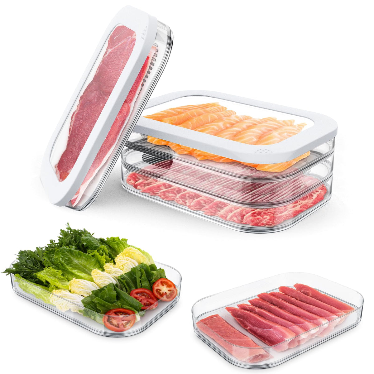 Stackable Deli Meat Container with Drainage Groove and Silicone Lid, Clear Refrigerator Storage Containers for Lunch Meats, Cold Cuts, Bacon, Cheese, BPA Free - 3 Layer