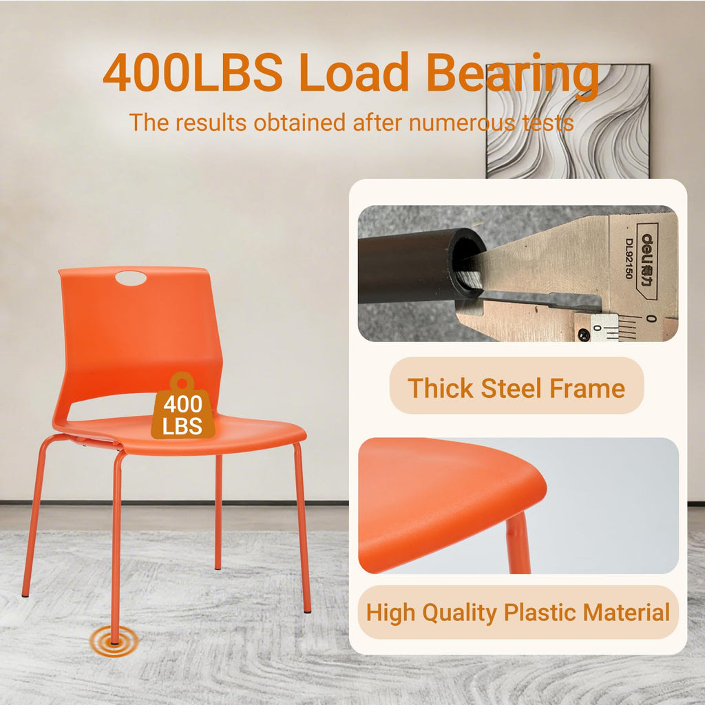 Sidanli Stackable Office Chairs, Orange Guest Chairs with Comfortable Streamline Seat, Stacking Chairs No Wheels for Conference Room, Set of 4