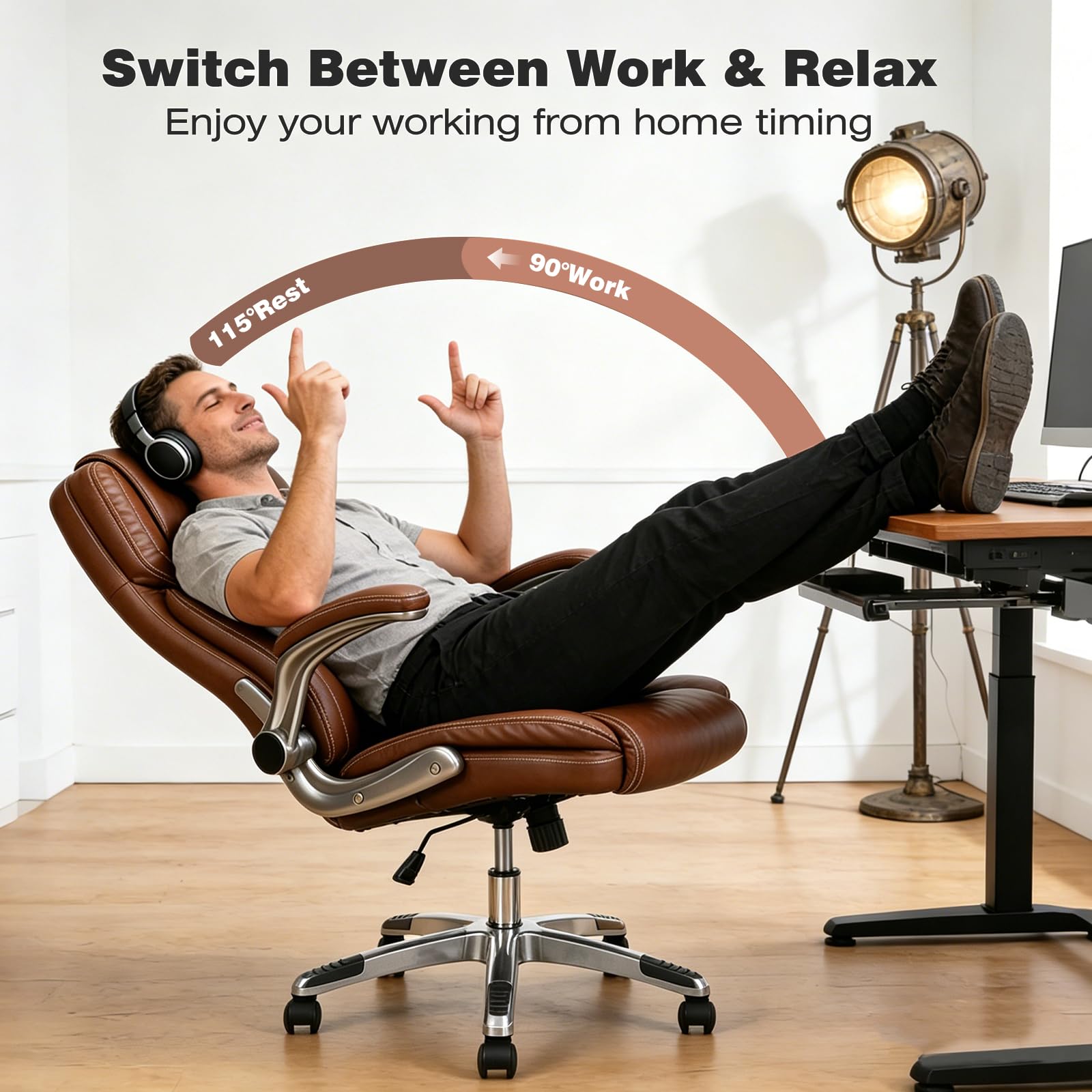 Reficcer Brown Leather Executive Office Chair with Flip Up Arms, 46.21 inches x 27 inches x 27.55 inches