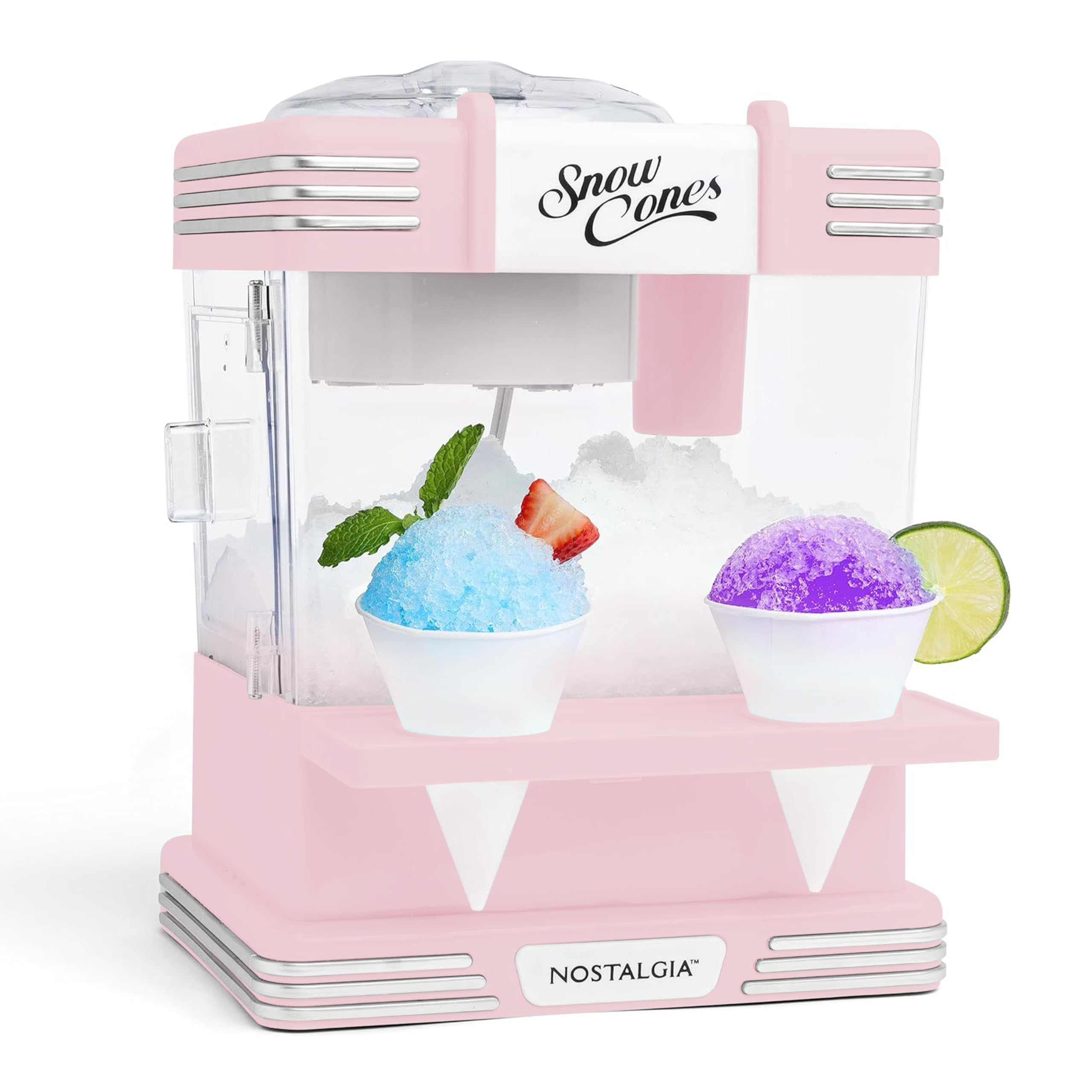 Nostalgia Retro Snow Cone Maker – Countertop 5-qt Shaved Ice Machine – Stainless Steel Blades – Includes 2 Reusable Cups, Ice Scoop, & Sid Shelf – Pink
