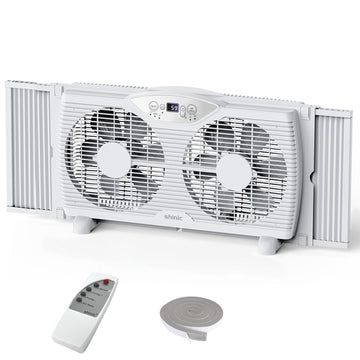 shinic Twin Window Fan, 9-Inch Blades Reversible Airflow, Thermostat Control, 3 Speeds, 3 Functions, 23.8"-37" Expandable Width, Window Exchaust Fans for Home Bedroom, ETL Certified