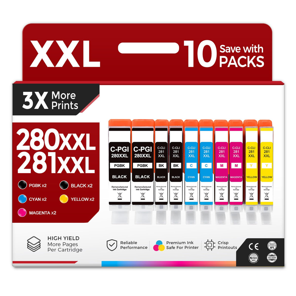 10 Pack 280XXL 281XXL Ink Cartridges Replacement for Canon PGI-280 XXL CLI-281 XL for Cannon TR8620a TR8520 TR8620 TR8600 TR7520 TS6120 TS6220 TR8622a TS702a TS6320 TS9520 TS9120 Printers