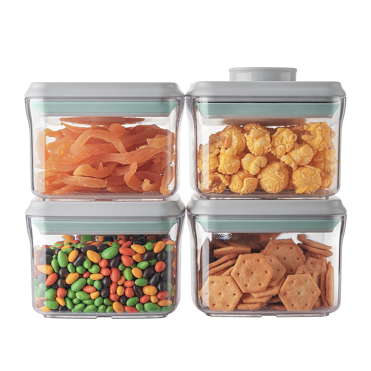 Airtight Container Set - (380ml 4 Pcs) Stackable One Button Openning Food Containers for Snacks Candy Salt Herbs Spices BPA-Free Tranparent (0.32 QT * 4)
