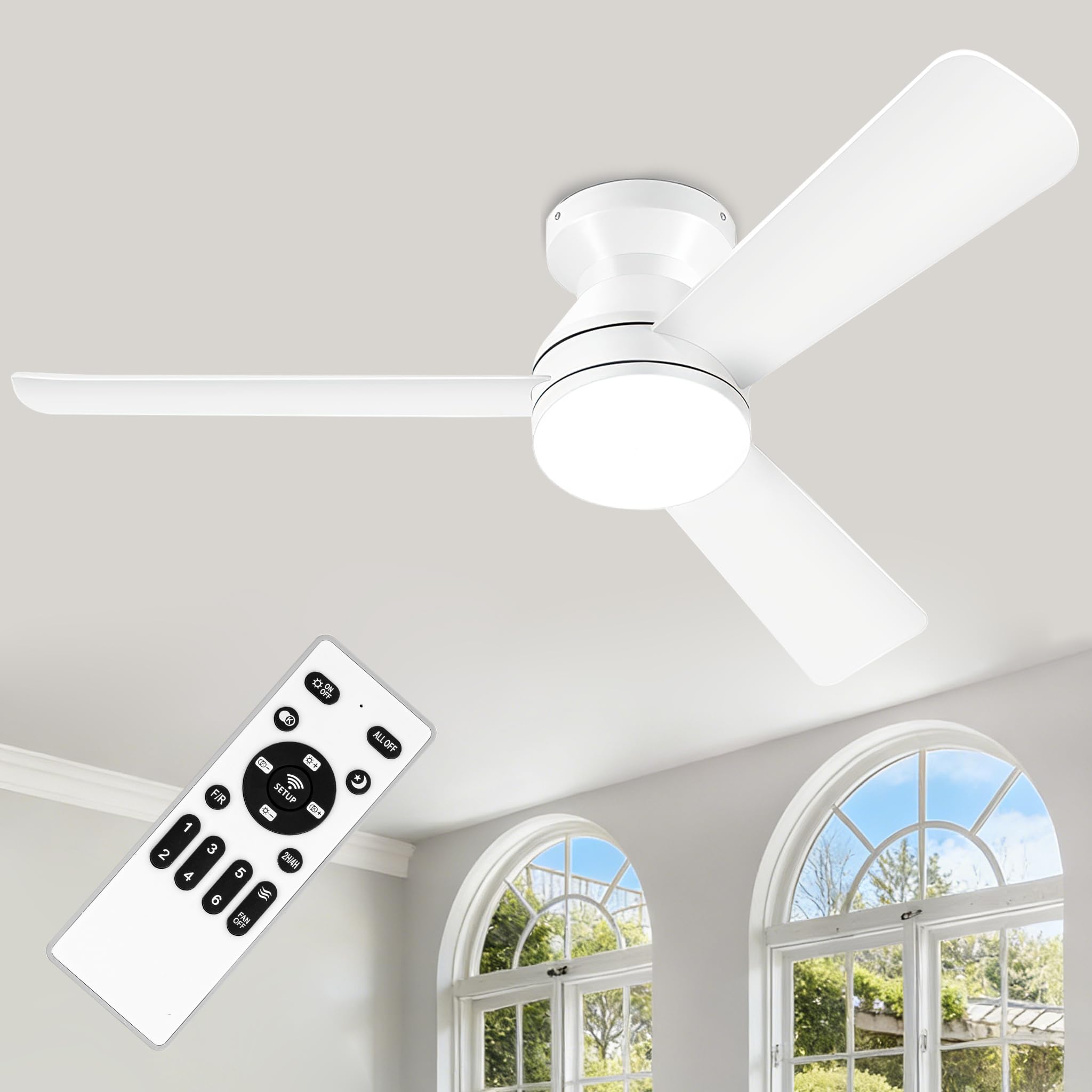 Ceiling Fans with Lights - 42 Inch Low Profile Ceiling Fan with Light and Remote Control, Reversible, 3CCT Dimmable, Noiseless, White Small Flush Mount Ceiling Fan for Bedroom Indoor/Outdoor