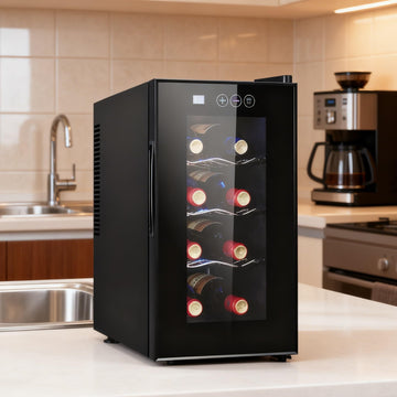 TrueyEssence 8 Bottle Wine Cooler, Small Wine Fridge with Glass Door and Temperature Control 46.4-64.4°F Wine Cellar Countertop Beverage Refrigerator for Kitchen Apartment Bar