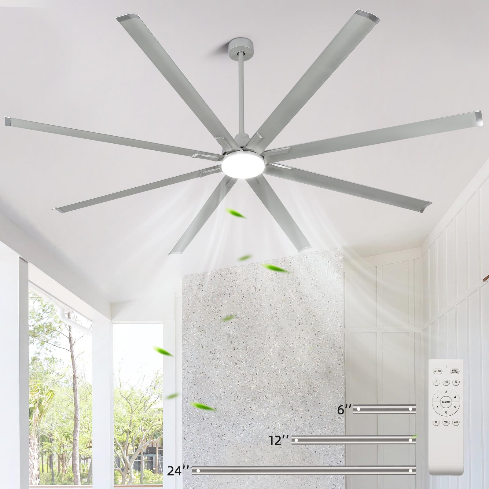 96 Inch Large Ceiling Fan with Lights,Industrial Ceiling Fan,8 Silver Aluminum Blades Indoor Outdoor,Reversible DC Motor,6 Speed Remote Control,3 Downrods, Big Ceiling Fan for Warehouse,Patio,Gym,Shop