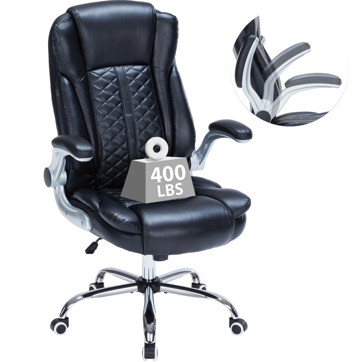 400lbs Executive Office Chair with Flip-up Armrests, Big and Tall Computer Chair for Heavy People, Heavy Duty Ergonomic Comfy Chair, Breathable