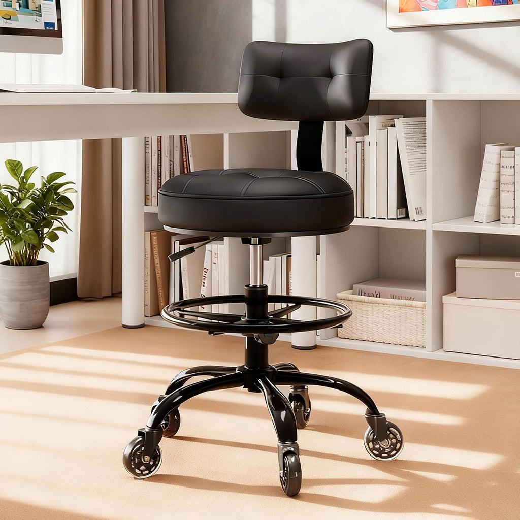 Freekyrock Office Drafting Chair with Footrest, Tall Height Adjustable Stool with Back Support, Heavy Duty Rolling Stool Chair with Wheels for