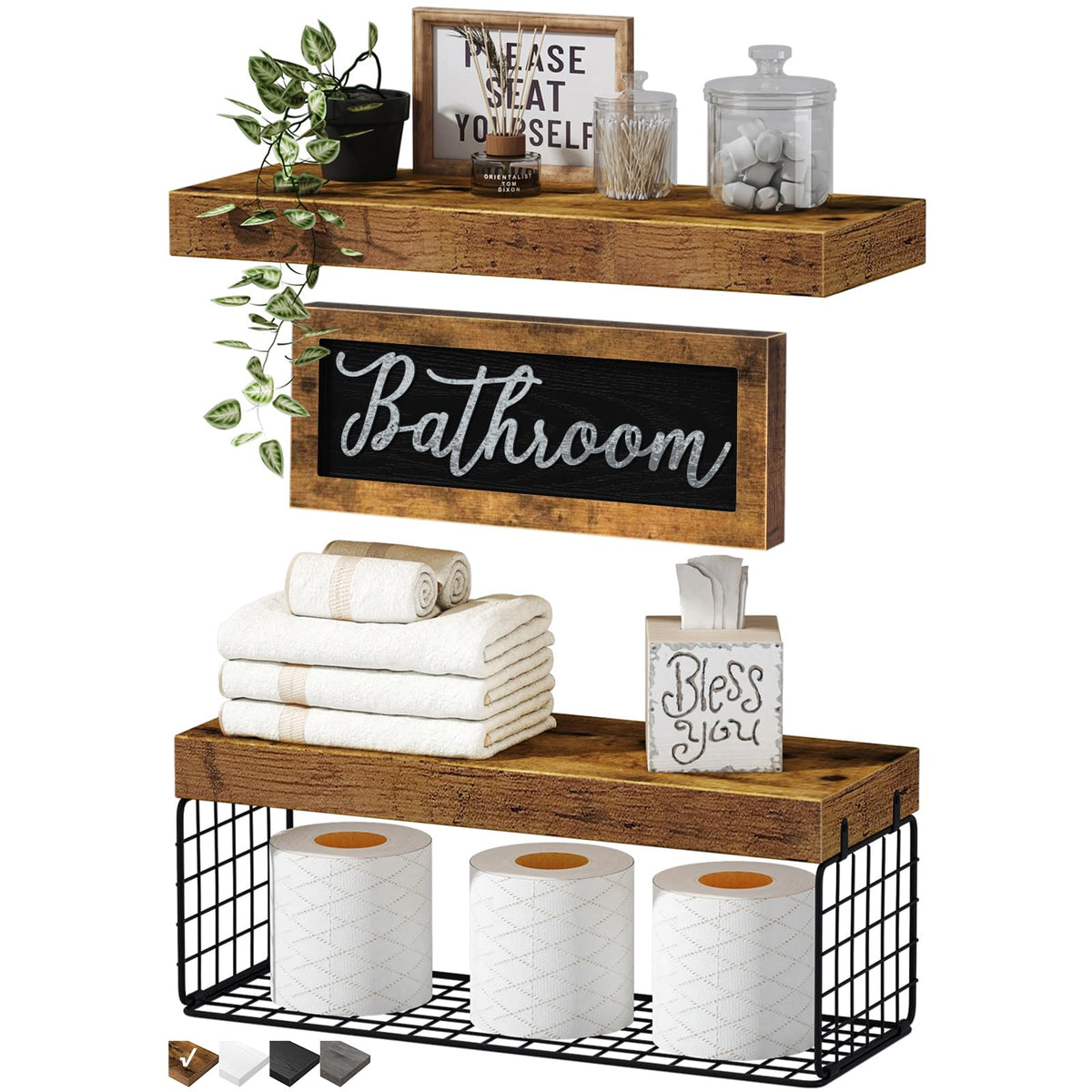 QEEIG ?Bathroom Shelves Over Toilet - Paper Storage Wall Mounted Farmhouse Decor Decorations Aesthetic Décor Sign Small Floating Shelf 2+1 Set 16 inch, Rustic Brown (020BN)