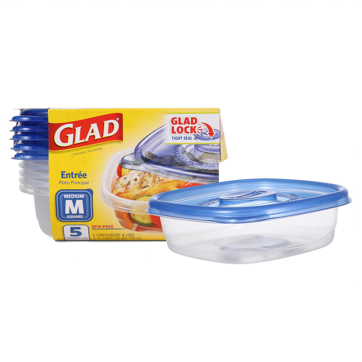 GladWare Entree Food Storage Containers, Medium Square Holds 25 Ounces of Food, 5 Count Set | Tupperware, Plastic Food Container, Meal Prep Container, Plastic Containers with Lids