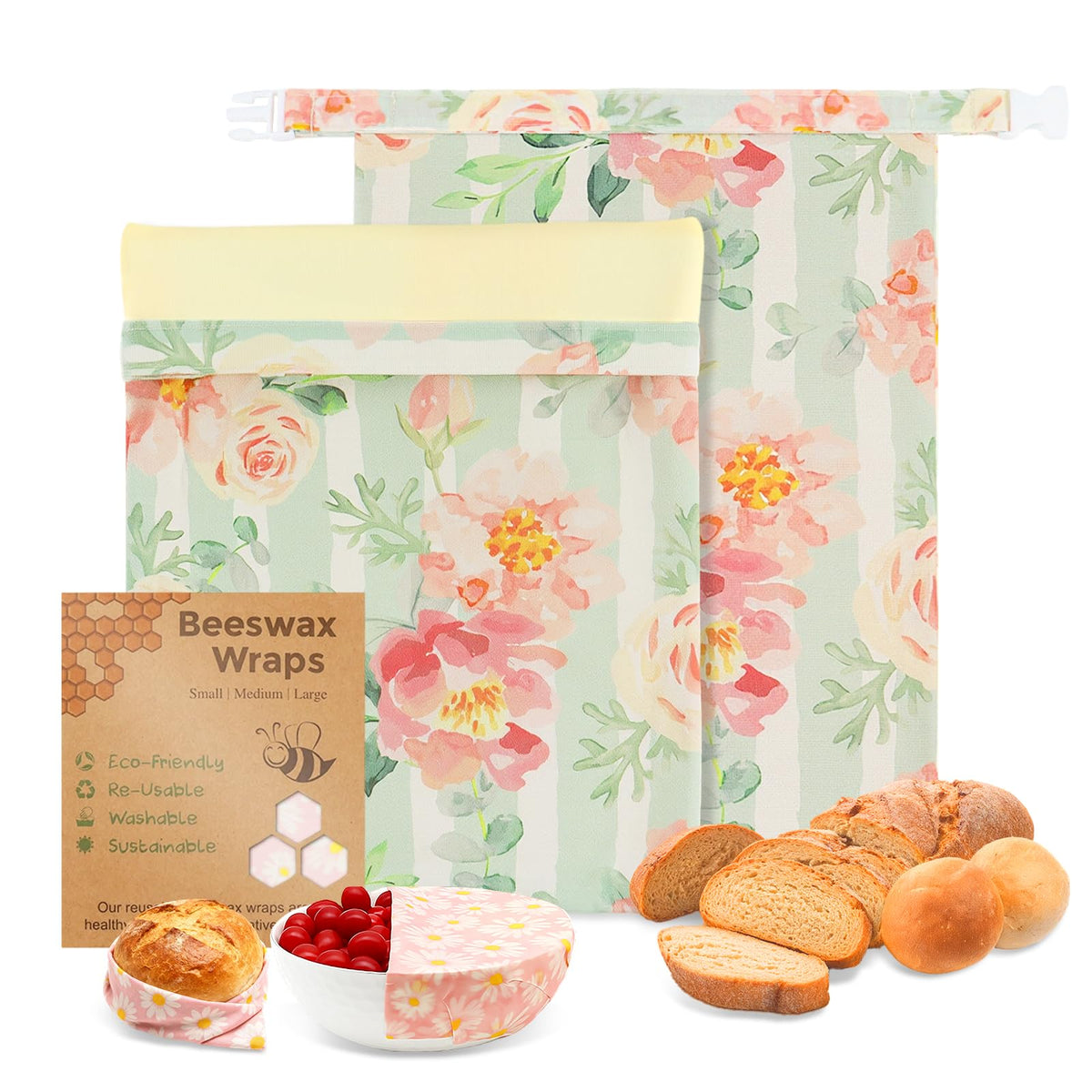 2 Pack Beeswax Bread Bags for Homemade Bread, Includes 2 Wraps, Reusable Organic Cotton Storage for Sourdough & Baguettes, Keep Fresh, Easy to Clean, Ideal for Bakers, Kitchen, Travel
