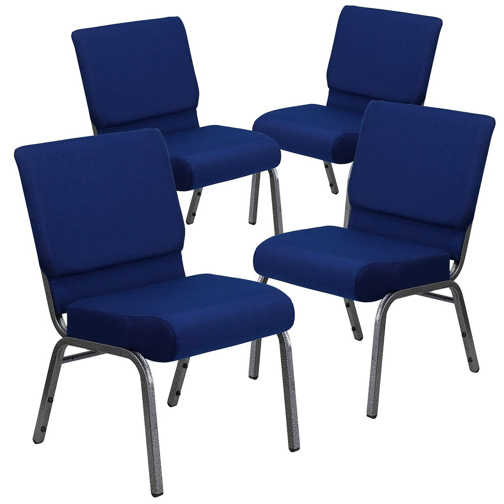 Flash Furniture 4 Pack Hercules Series 21''w Stacking Church Chair in Navy Blue Fabric - Silver Vein Frame, Set of 4, Navy Blue Fabric/silver