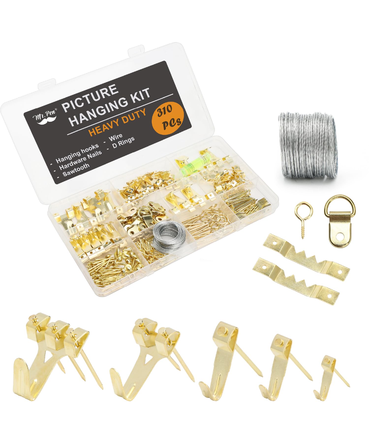 Mr. Pen- Picture Hanging Kit, 220 pcs, Gold, Assorted Hooks | Includes Nails, Sawtooth Hangers, D-Rings, Steel Wire, Ring Hooks, Home Wall Mount Hardware for Frames, Canvas, Décor
