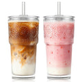 KEMORELA 20oz Ribbed & Floral Glass Iced Coffee Cups with Lids 2Pcs?Reusable Glass Cups with Lid and Glass Straw, Glass tumbler for Water Leak Proof for Coffee Bar Accessories- Includes Cleaning Brush