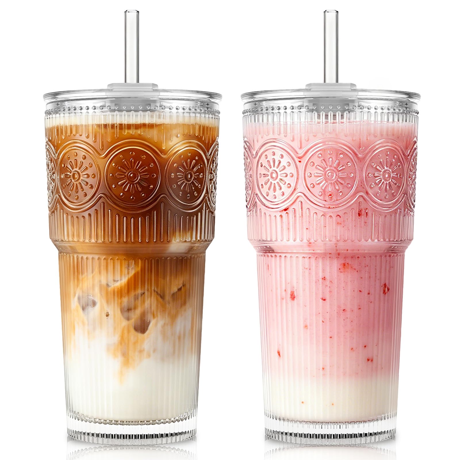 KEMORELA 20oz Ribbed & Floral Glass Iced Coffee Cups with Lids 2Pcs?Reusable Glass Cups with Lid and Glass Straw, Glass tumbler for Water Leak Proof for Coffee Bar Accessories- Includes Cleaning Brush