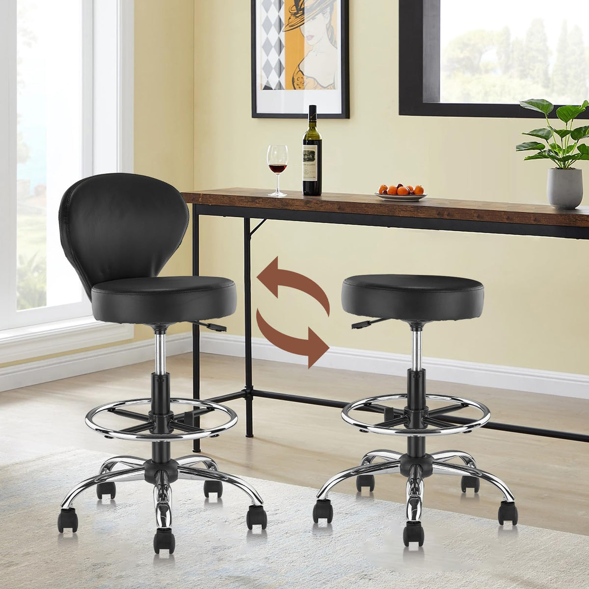 Klasika Pvc Faux Leather Drafting Chair Rolling Swivel Salon Stool Seat Adjustable Height 30 Inch with Back Support Foot Rest Hydraulic Wide