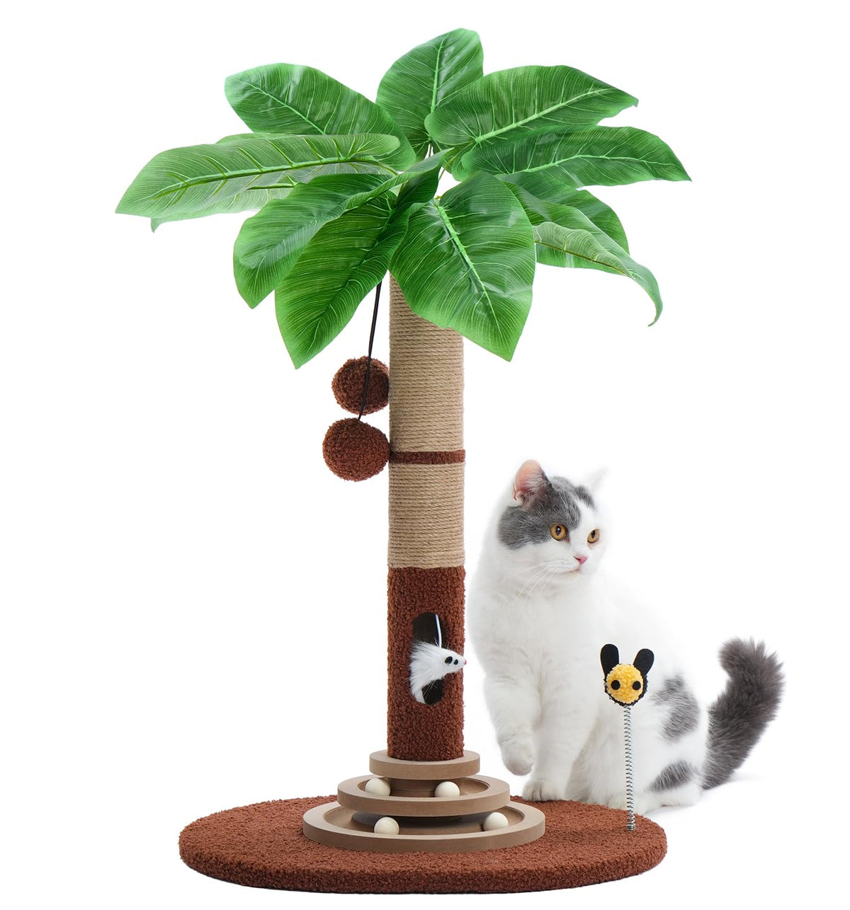 Made4Pets 27" Tall Cat Scratching Post with Sisal Rope, Interactive Hanging Balls, Toy Mouse and Two-Layer Ball Track Kitten Toys, Palm Tree Cat Scratcher Tower for Indoor Cats and Kittens