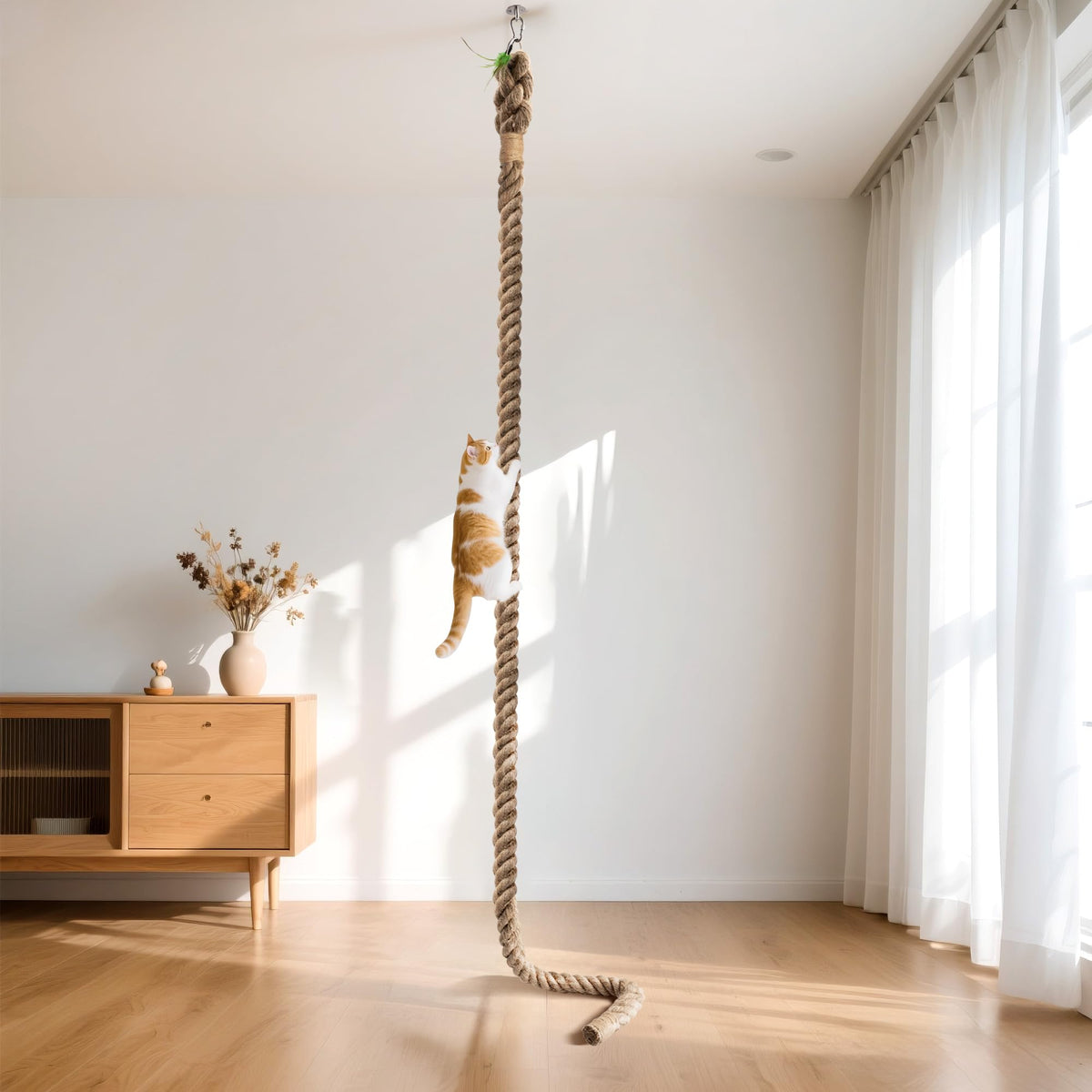 2" x 9.84Ft Cat Climbing Rope with Hook for Ceiling & Wall Mounted, Natural Sisal Rope for Cat Scratcher with Feather Toy for Indoor/Outdoor Cats, Durable Cat Tree Replacement Rope
