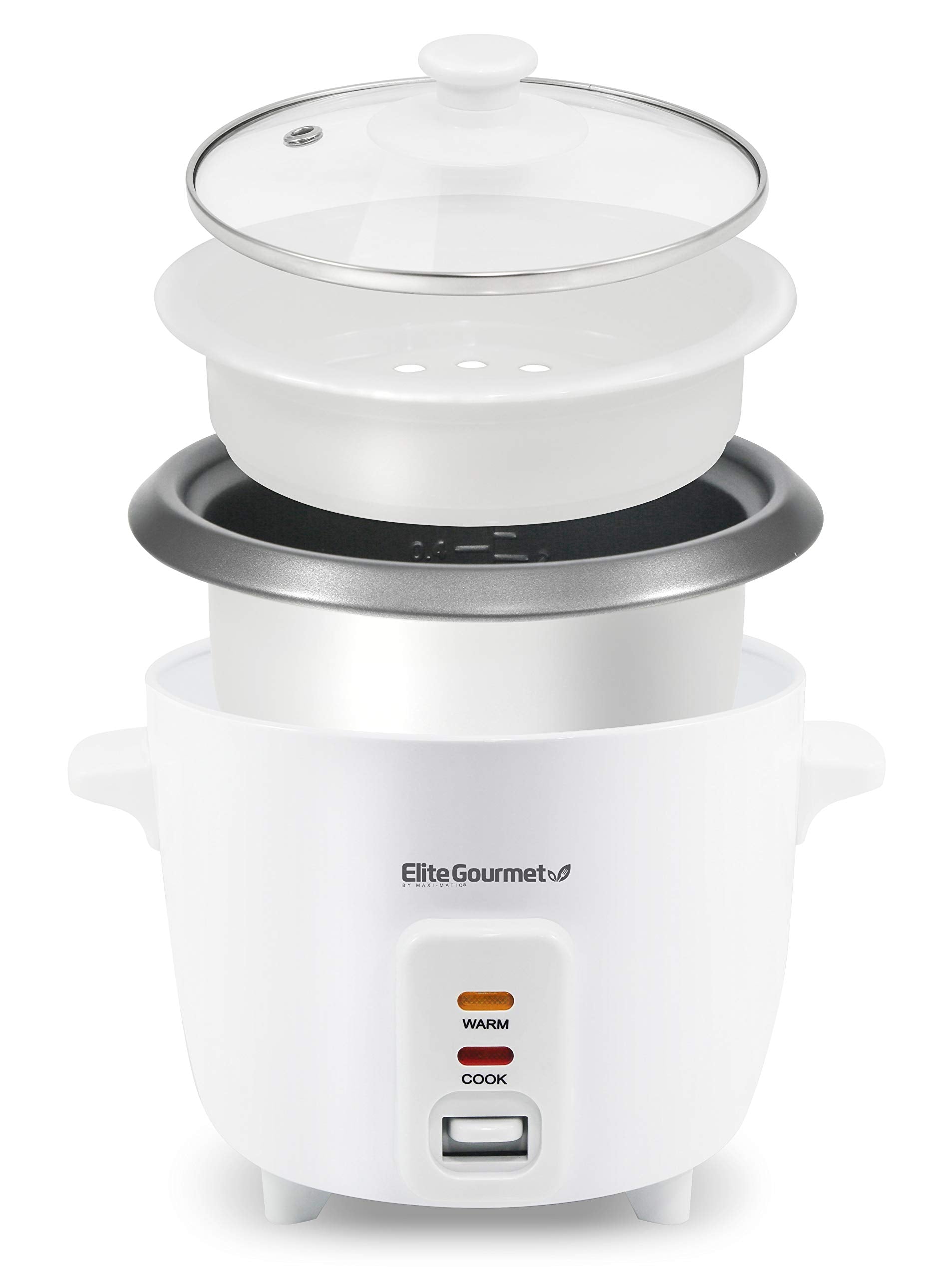 Elite Gourmet ERC003NSTX Rice Cooker & Food Steamer, Nonstick Inner Pot, Automatic Keep Warm, Glass Lid, Includes Steam Tray, Measuring Cup & Rice Scoop, Easy One-Touch Cooking, White