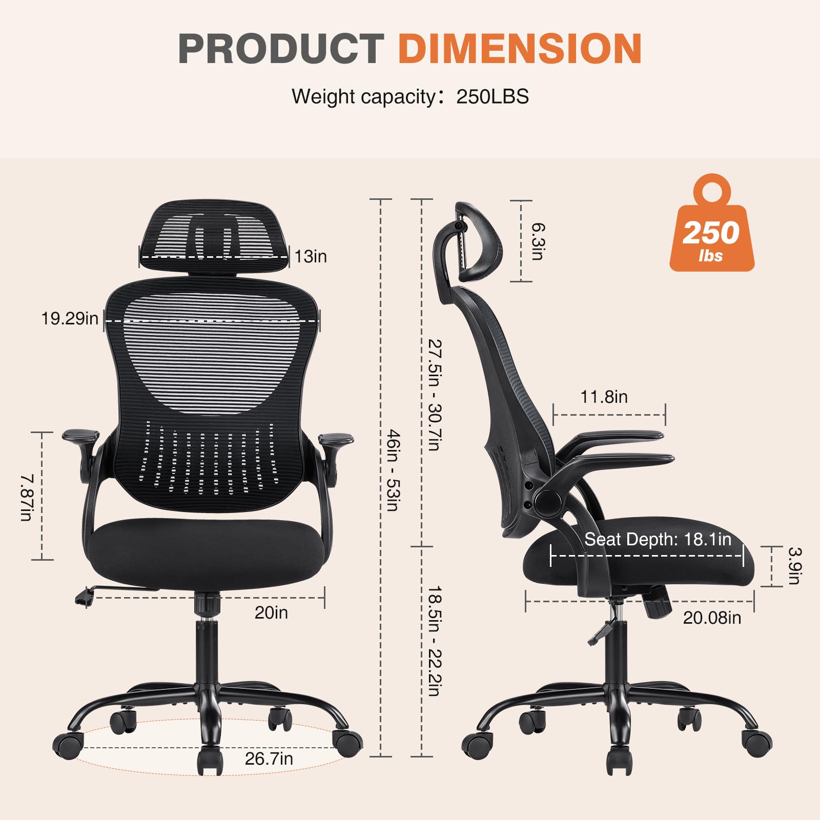 Sweetcrispy Home Office Managerial Executive Chair, High-back Mesh with Adjustable Headrest, Flip-up Armrest Comfortable Lumbar Support, Comfy
