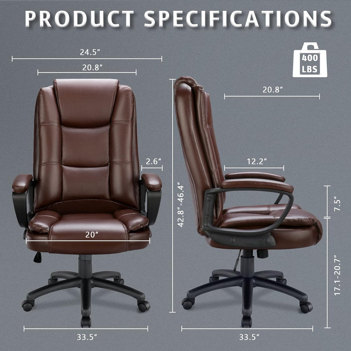 Lemberi Adjustable High Back Pu Leather Executive Office Chair, Brown, Fixed Arms
