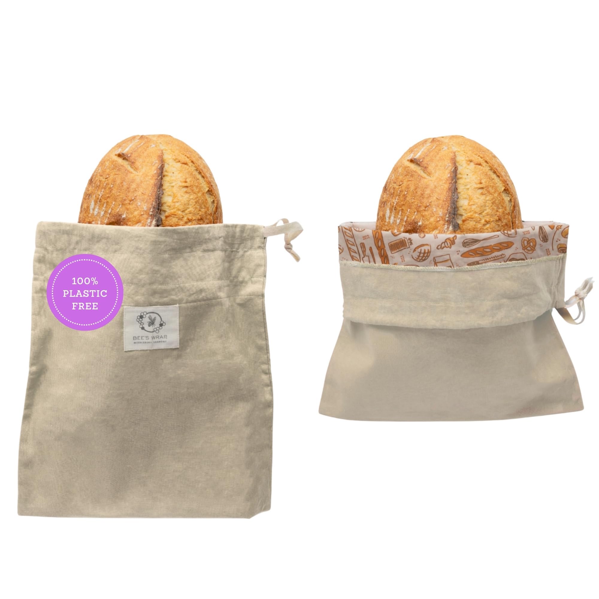 Bee’s Wrap Beeswax Bread Bag - 2 Bakery Lane Reusable Beeswax-Lined Bread Storage Bags - Breathable & Sustainable Homemade Bread Saver - Plastic Free Eco-Friendly Alternative