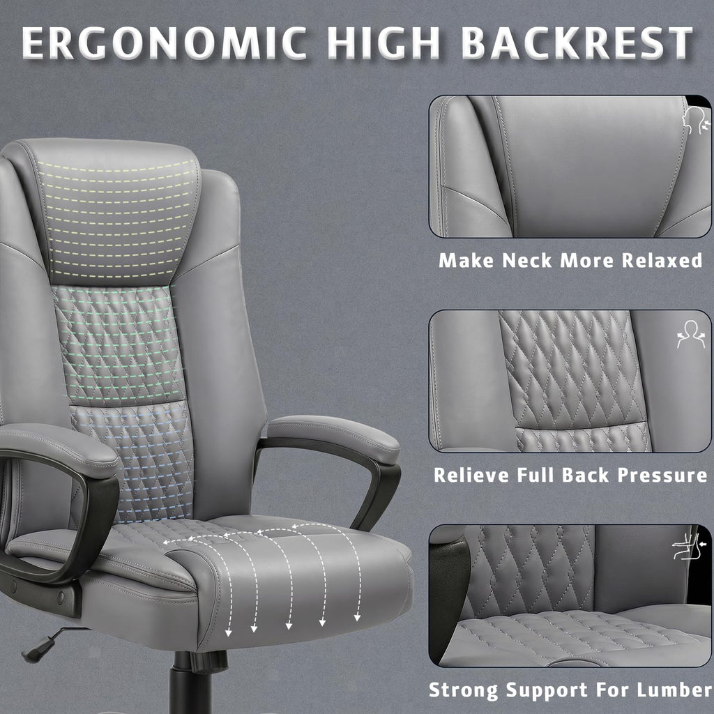 Lemberi Home Office Executive Desk Chair, High Back Pu Leather Chair, Height Adjustable Swivel Computer Chair with Padded Armrest, Grey