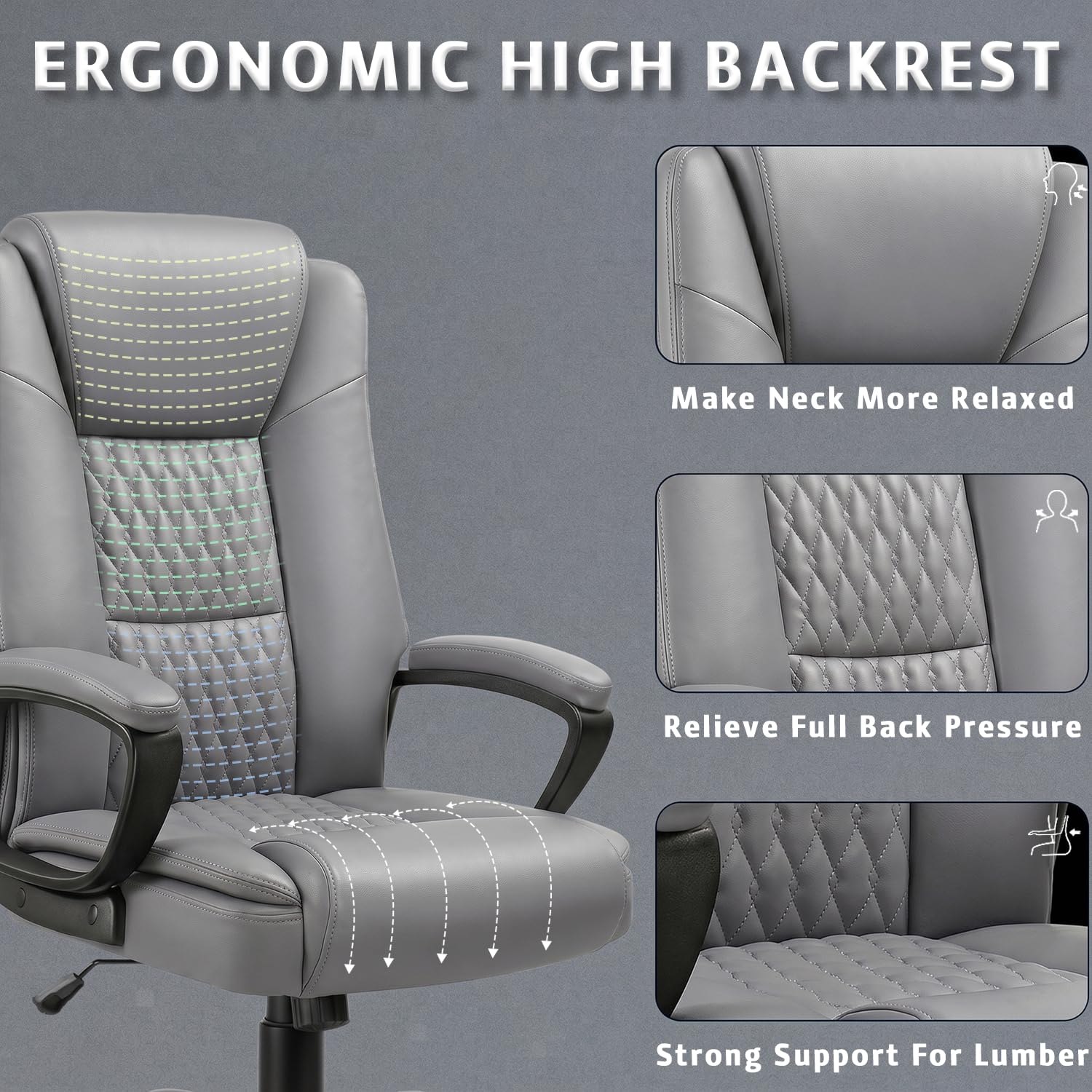 Lemberi Home Office Executive Desk Chair, High Back Pu Leather Chair, Height Adjustable Swivel Computer Chair with Padded Armrest, Grey